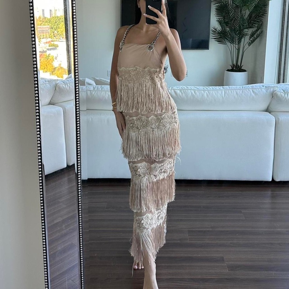 Dylan Lex chain strap fringe dress with adjustable open back chains